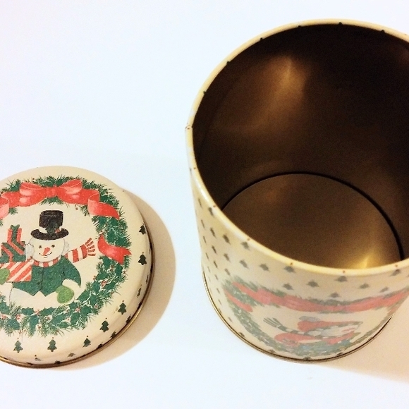 Vintage Christmas Tin with Festive Snowman and Wreath Graphics for the Holidays - Picture 6 of 7